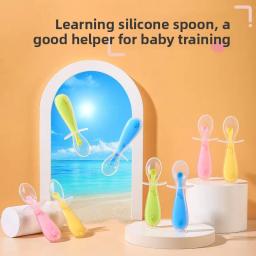 Colher de silicone para bebês, alimentação de pasta de arroz para bebês, colher de sopa de cabeça macia, colher de treinamento, colher curta de silicone com escudo infantil - Image 3