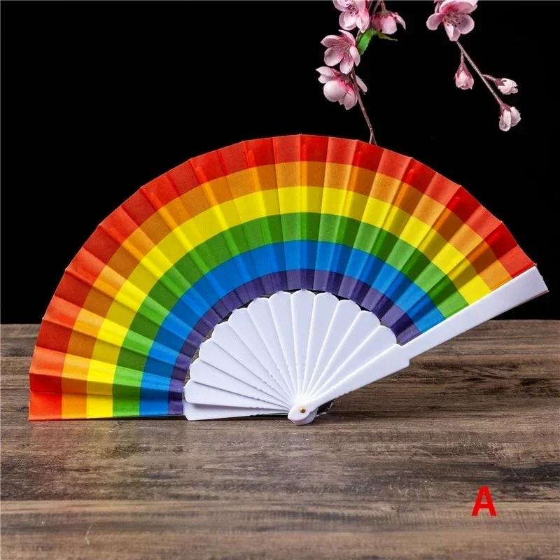 Leque de manivela de plástico dobrável estilo oriental arco-íris tecido de seda bolso leques festa fovor personalidade dança fã presentes - Image 1