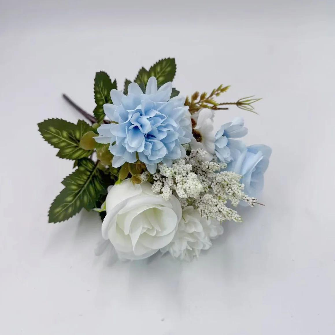 7-bifurcado artificial rosa hortênsia portátil filé de flor rosa flor seca flor de seda margarida decoração de casamento buquê de flores - Image 1