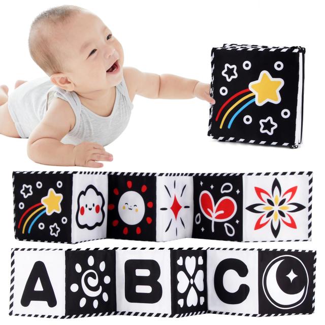 Livro de pano sensorial para bebês, brinquedos de alto contraste para berço recém-nascido, livros de pano de animais preto e branco de 0 a 36 meses, brinquedos montessori