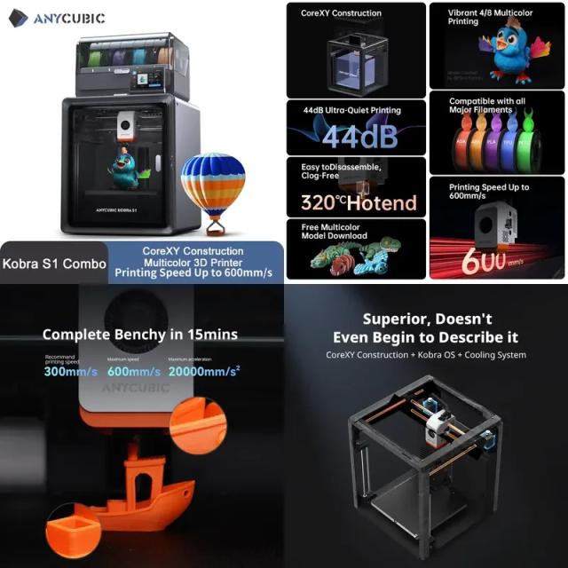Anycubic Kobra S1 Combo Impressora 3D Core XY Multicolorida 600mm/s