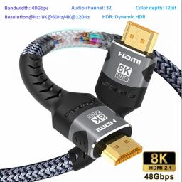 Cabo HDMI 8K 2.1 48Gbps Cabo trançado HDMI de alta velocidade-4K@120Hz 8K@60Hz, DTS:X, HDCP 2.2 e 2.3, HDR 10 para laptop compatível/PS5 - Image 1