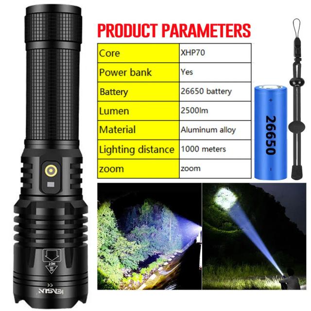 Lanterna LED Tática de Alta Potência 3000 Lúmens USB Tipo-C Longo Alcance