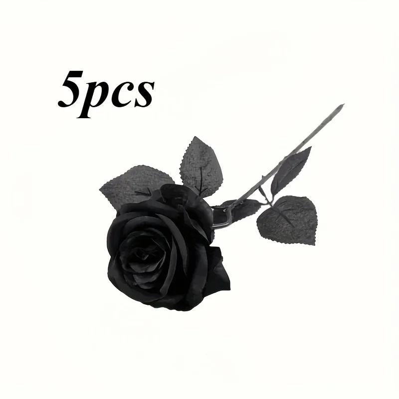 5/10 pçs rosas pretas artificiais para decoração de casa, flores falsas de haste longa sem vaso, peça central de mesa de festa de casamento de halloween - Image 1