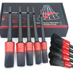 Conjunto de escova para detalhamento de carro, 5 peças-preto e vermelho, ideal para painel, aberturas de ar, rodas e muito mais-alça de plástico durável para eficiência - Image 1