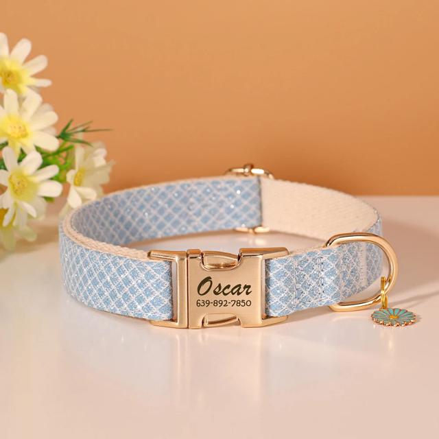 Coleira de cachorro de nylon brilhante personalizada, coleiras com nome de identificação de cachorro gravado grátis com etiqueta de flor fofa, acessório para cães pequenos e médios e gatos