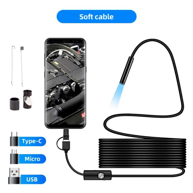 Câmera Endoscópica KERUI 7mm 3 em 1 Micro USB Tipo C Boroscópio Impermeável LED