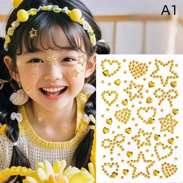 1 Folha de Adesivos Coloridos de Strass para o Rosto com Design de Coração e Estrela para Festas Infantis, Maquiagem e Cosplay