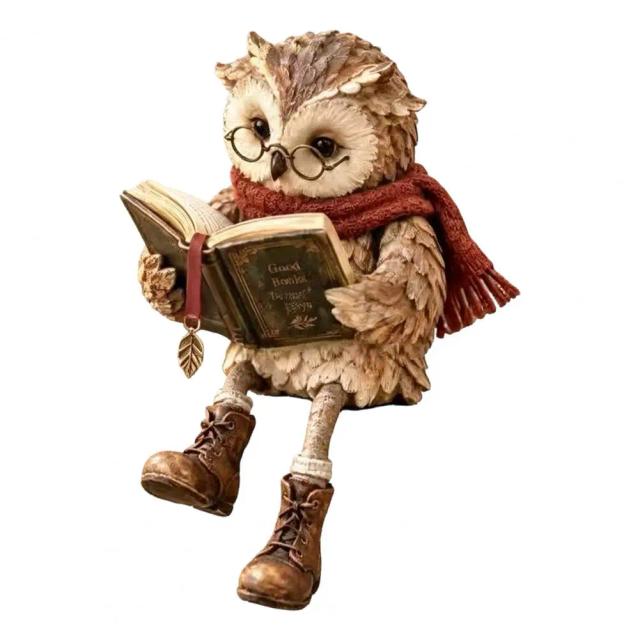 Estatueta de Coruja Leitora Criativa com Livro e Acessórios - Decoração de Resina