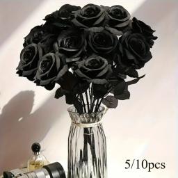 5/10 pçs rosas pretas artificiais para decoração de casa, flores falsas de haste longa sem vaso, peça central de mesa de festa de casamento de halloween - Image 1