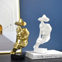 Pensador estátua escultura silêncio é estatuetas de ouro resina retro decoração para casa para escritório estudo sala estar ornamentos rosto abstrato - Image 1