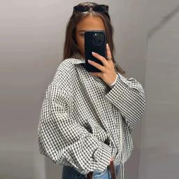 Jaqueta Bomber Xadrez HXAO para Mulheres, Jaqueta de Primavera e Outono 2026, Top Curto Oversized de Manga Longa, Casaco Casual com Zíper para Atividades ao Ar Livre. - Image 6