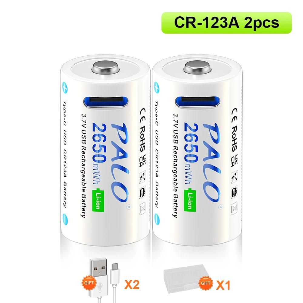Palo cr123a bateria 2650mwh 16340 rcr123 3.7v bateria recarregável 100% capacidade usb lítio cr123 16350 bateria + cabo tipo-c - Image 1