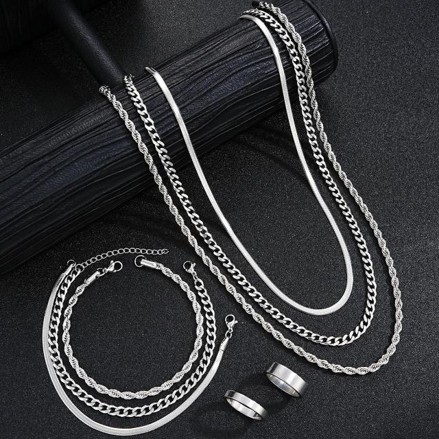 Conjunto de Joias em Aço Inoxidável Prateado Vintage Punk Suave para Homens e Mulheres