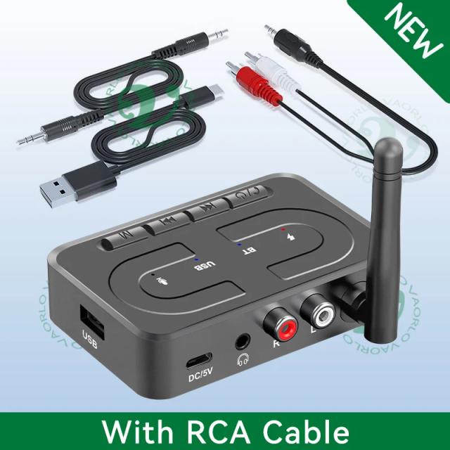Receptor de Áudio Bluetooth 6.0 USB U-Disk Adaptador de Música Sem Fio com Microfone HD e Antena 3.5mm AUX RCA HIFI Estéreo para Carro, Alto-falante e Amplificador