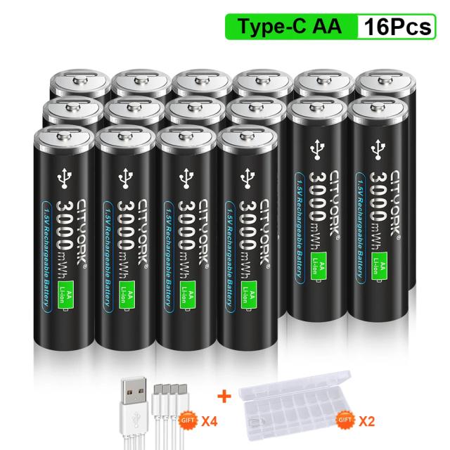 Cityork 1.5v li-ion aa bateria recarregável 3000mwh tipo c carregamento usb aa bateria de lítio aa 2a célula para mp3 player termômetro