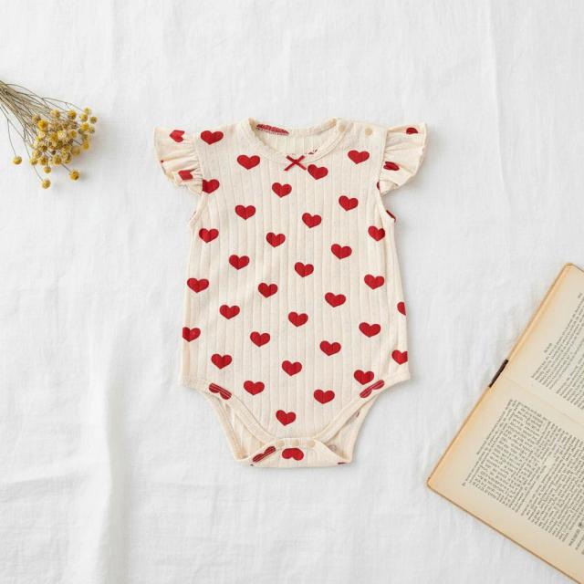 Verão estilo coreano bebê meninas doce coração arco sem mangas macacão recém-nascido infantil bonito impressão macacão para o bebê
