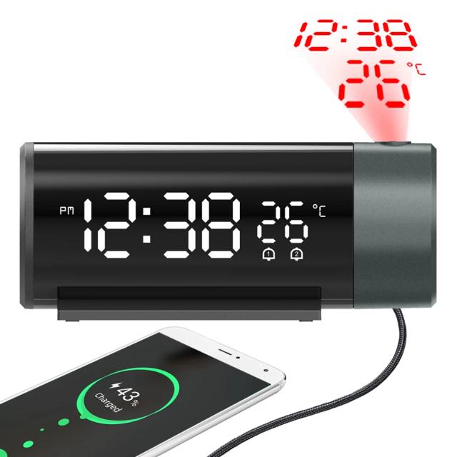 Despertador Digital com Projeção 180° - Relógio LED com USB e Soneca