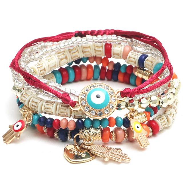 Conjunto de Pulseiras Boêmias Mão de Fátima e Olho Grego com Coração Frisado e Corda Feminino