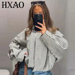 Jaqueta Bomber Xadrez HXAO para Mulheres, Jaqueta de Primavera e Outono 2026, Top Curto Oversized de Manga Longa, Casaco Casual com Zíper para Atividades ao Ar Livre. - Image 1