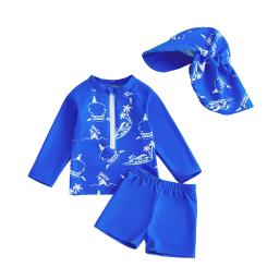 Conjunto de roupa de banho para meninos e meninas, 2 peças, estampa de golfinho, gola, manga comprida, tops, shorts e chapéu, roupa de banho com proteção contra queimaduras - Image 4