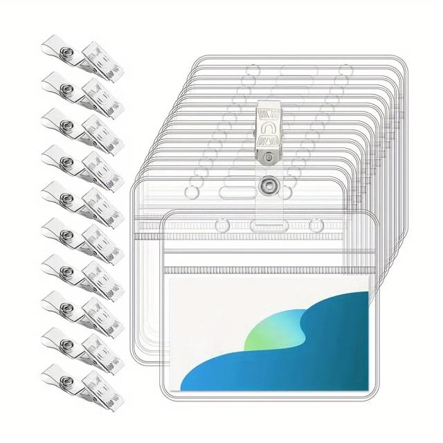 Conjunto 10 Porta-Crachás e Porta-Cartões de Identificação Transparente Horizontal com Clipe Metal