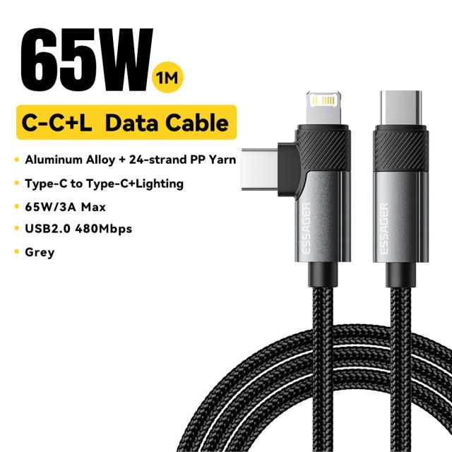 Essager Cabo 2 em 1 Tipo C para Tipo C e Lightning PD 65W 1m/2m