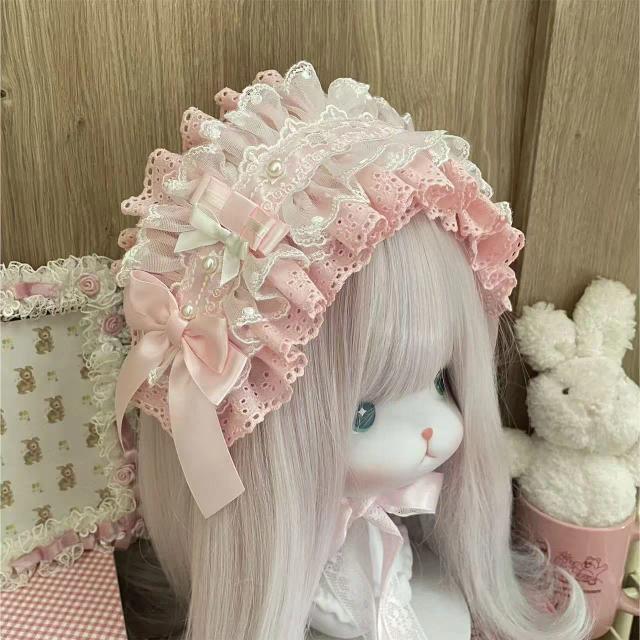 Faixas de Cabelo Rosa Lolita Tiara de Renda com Laço e Pérolas para Noiva e Meninas