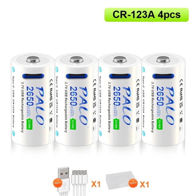 Palo cr123a bateria 2650mwh 16340 rcr123 3.7v bateria recarregável 100% capacidade usb lítio cr123 16350 bateria + cabo tipo-c