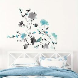 Pintura a tinta aquarela flor azul ramo de pássaro adesivos de parede removíveis para quarto sala de estar porta decoração decalques de parede - Image 2