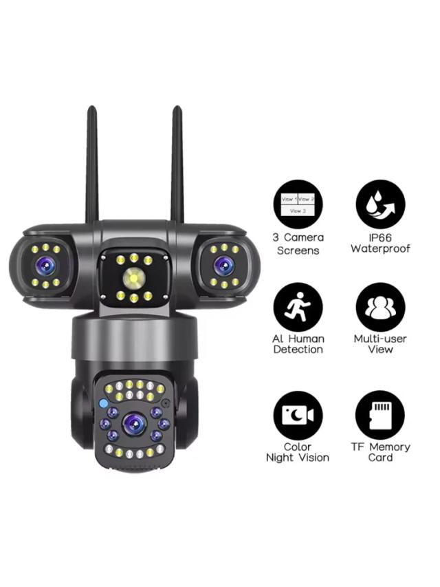 Câmera PTZ WiFi V380pro 6MP Exterior 3 Lentes IP66