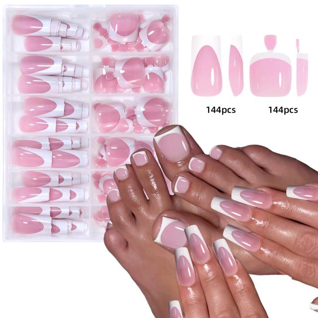 Conjunto de Unhas Postiças Acrílicas Brilhantes Curto Quadrado 144 Peças