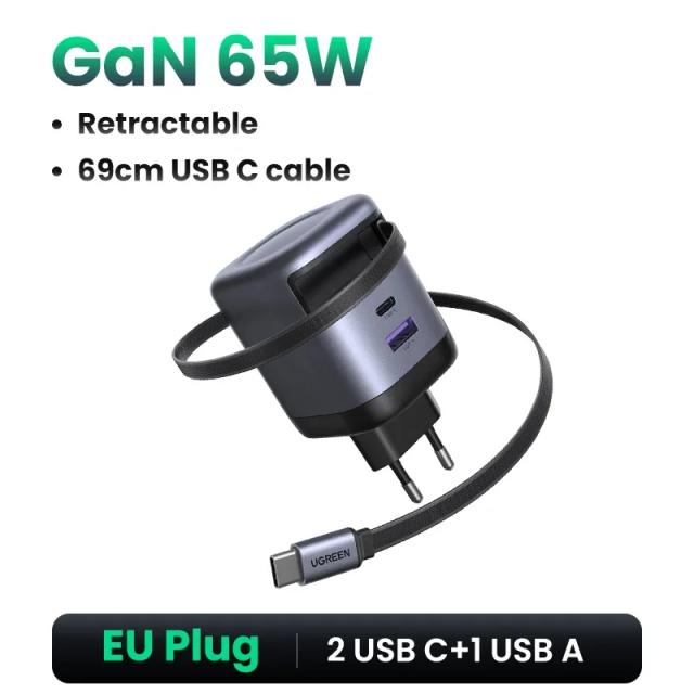 UGREEN Carregador GaN 100W com Cabo USB-C Retrátil Carregamento Rápido