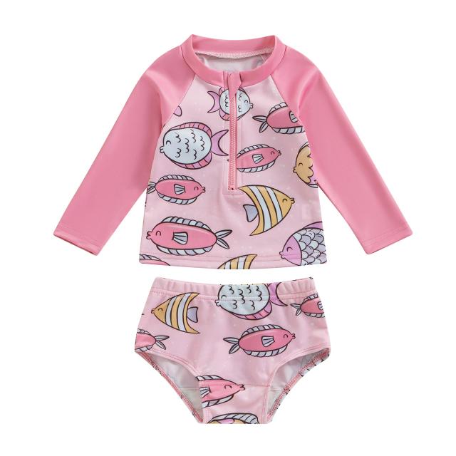 FOCUSNORM-conjuntos de biquíni de manga comprida para meninas, estampa de peixe e casca, patchwork tops, roupa de banho Bottoms, 2 estilos 0-5Y, verão