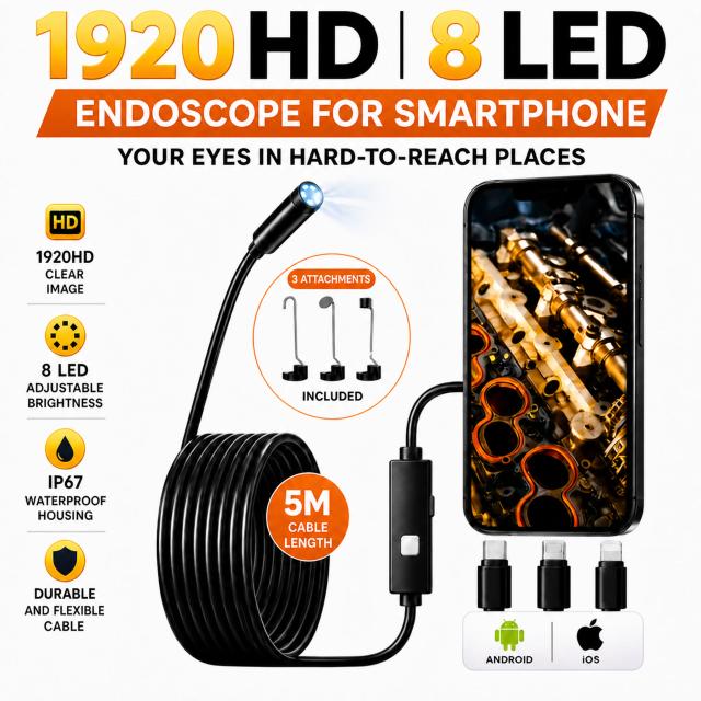 Câmera Endoscópica 3 em 1 HD 1920p à Prova D'água para iOS e Android
