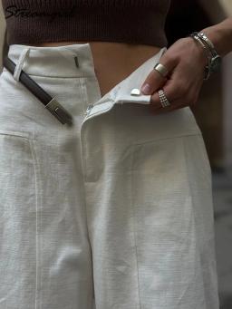 Calças de linho de algodão branco mulheres perna larga calças formais verão perna reta terno calças de cintura alta senhoras calças formais soltas - Image 4