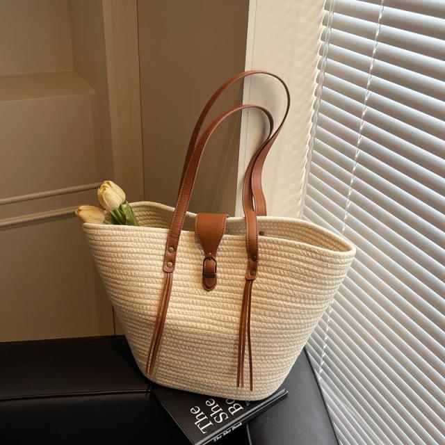 Bolsa de Ombro Grande de Palha Trançada para Férias na Praia, Estilo Casual, Feminina, Nova Coleção 2025, Bolsa Tote para o D...