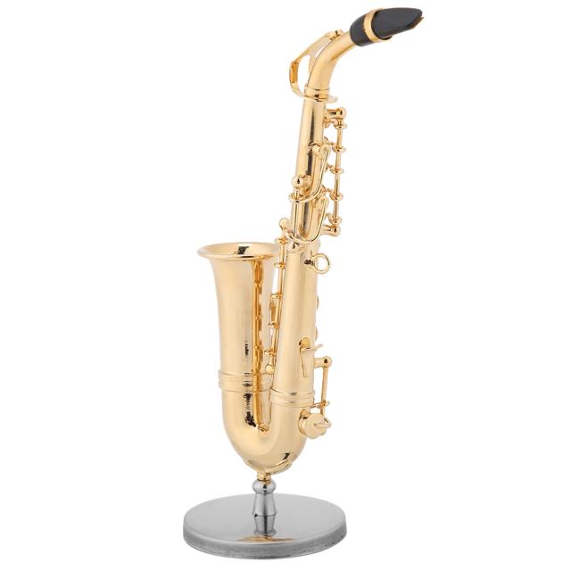 Réplica de Saxofone Alto Miniatura em Latão com Suporte e Estojo de Armazenamento, Modelo de Instrumento Banhado a Ouro para Decoração de Estante e Mesa