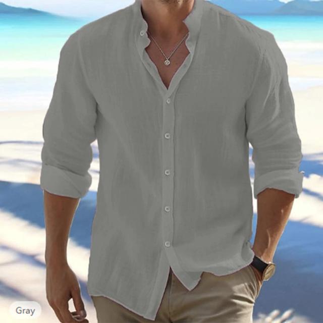 Camisa Masculina Algodão e Linho Gola Alta Casual Manga Longa
