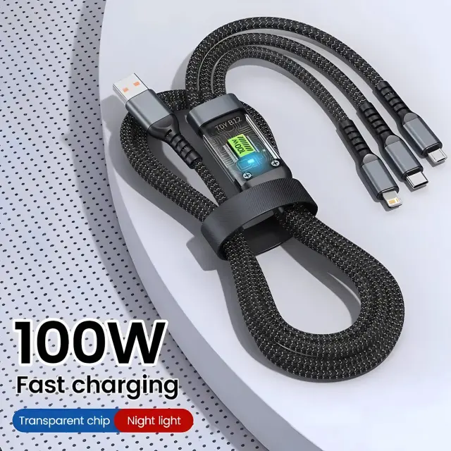 Cabo de Carregamento Rápido 3 em 1 USB A 100W Micro USB para iPhone Samsung Xiaomi Huawei