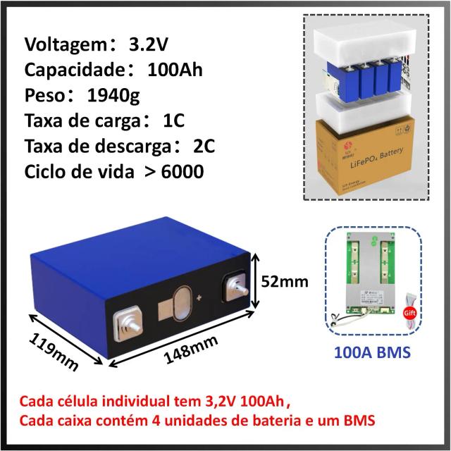 Pacote de Bateria LiFePO4 12V 24V 48V 100Ah 300Ah e Célula de Bateria de Lítio 3.2V 100Ah/280Ah