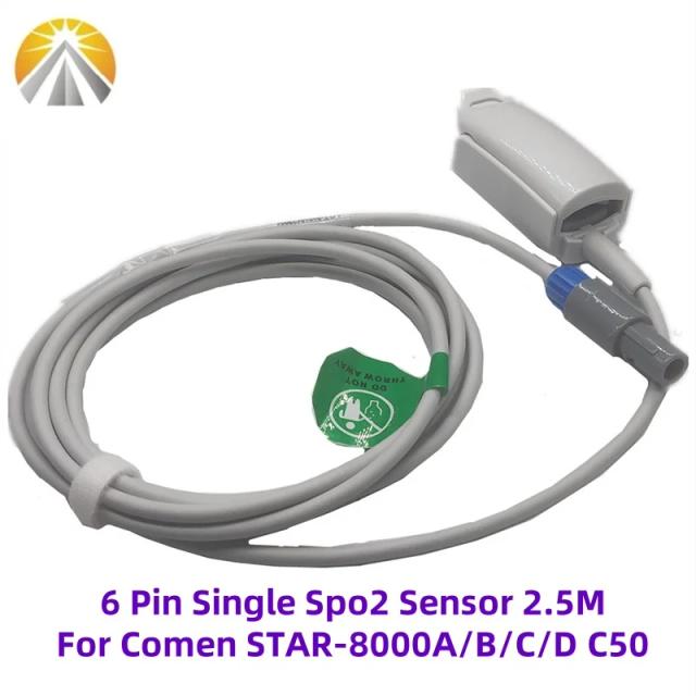 Sensor spo2 de slot único de 6 pinos, reutilizável para comen STAR-8000A/b/c/d/h STAR-5000B/c c50 2.5 metros sao2 sonda de frequência cardíaca multi usos