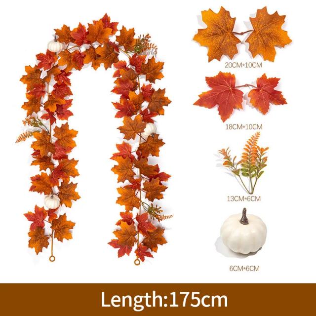 Guirlanda de Folha de Bordo Artificial 2m Folhas Caídas Decoração de Outono Rattan para Ação de Graças Halloween Casamento Natal
