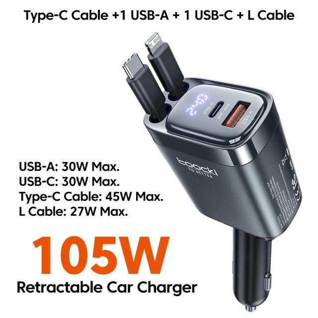Toocki Carregador de Carro Retrátil 105W Tipo C Cabo para iPhone 16 15