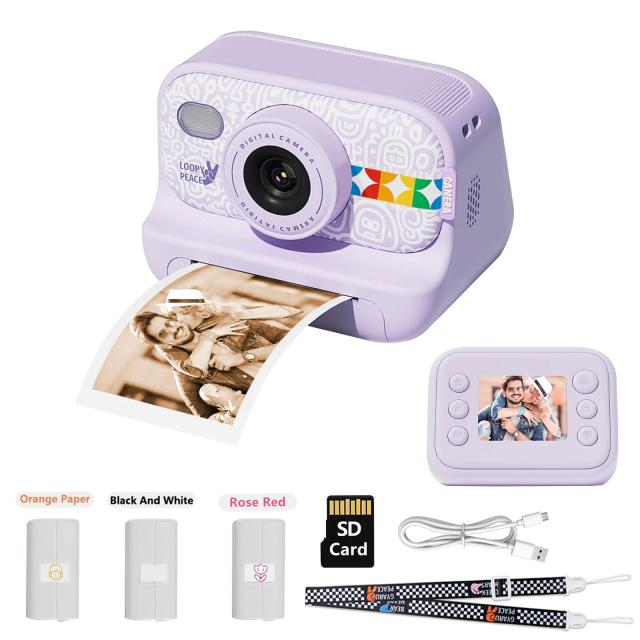 Câmera de Impressão Instantânea Infantil HD 1080P com 3 Rolos de Papel Térmico