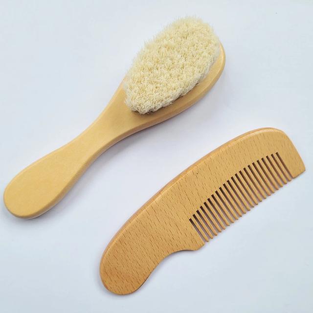 Conjunto de Pente para Bebê 2 Peças Escova de Cabelo Faia Lã Macia Pente de Madeira Massageador Recém-Nascido