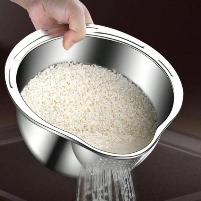 Cesta de Escorredor de Arroz e Frutas Inox 2 em 1 para Pia