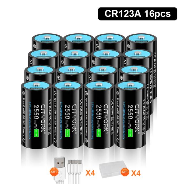 CITYORK 2550mWh 3.7V 16340 16350 Bateria Recarregável Carregamento USB RCR123 CR123A Li-Ion Btteries Para Com Cabo USB