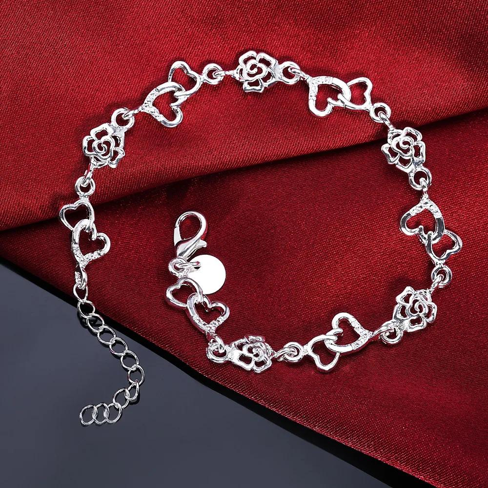 Linda Pulseira de Prata Esterlina 925 para Mulheres, Pulseira com Coração, Corrente de Flores Encantadora, Moda para Casamento e Festa, Joia Bonita para Senhoras. - Image 1
