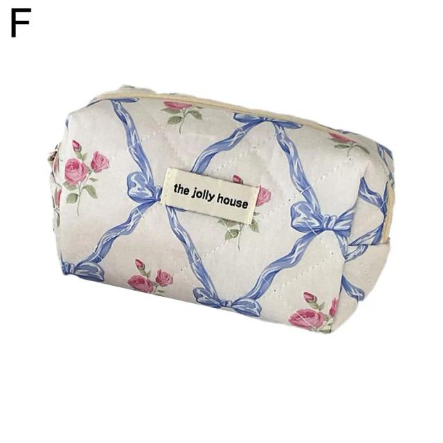 Bolsa de Maquiagem Acolchoada com Zíper e Flores - Organizador Cosmético Portátil